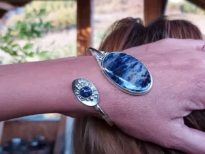 Deep Down contemporary sterling silver cuff bracelet worn on the wrist