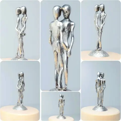 Multiple views of Nearness, a handcrafted abstract silver sculpture depicting two standing human figures
